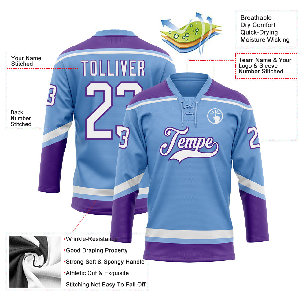 Custom Light Blue White-Purple Hockey Lace Neck Jersey