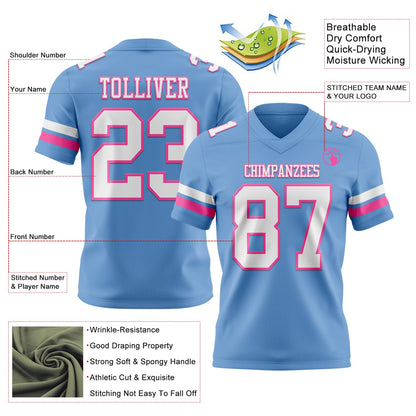 Custom Light Blue White-Pink Authentic Football Jersey
