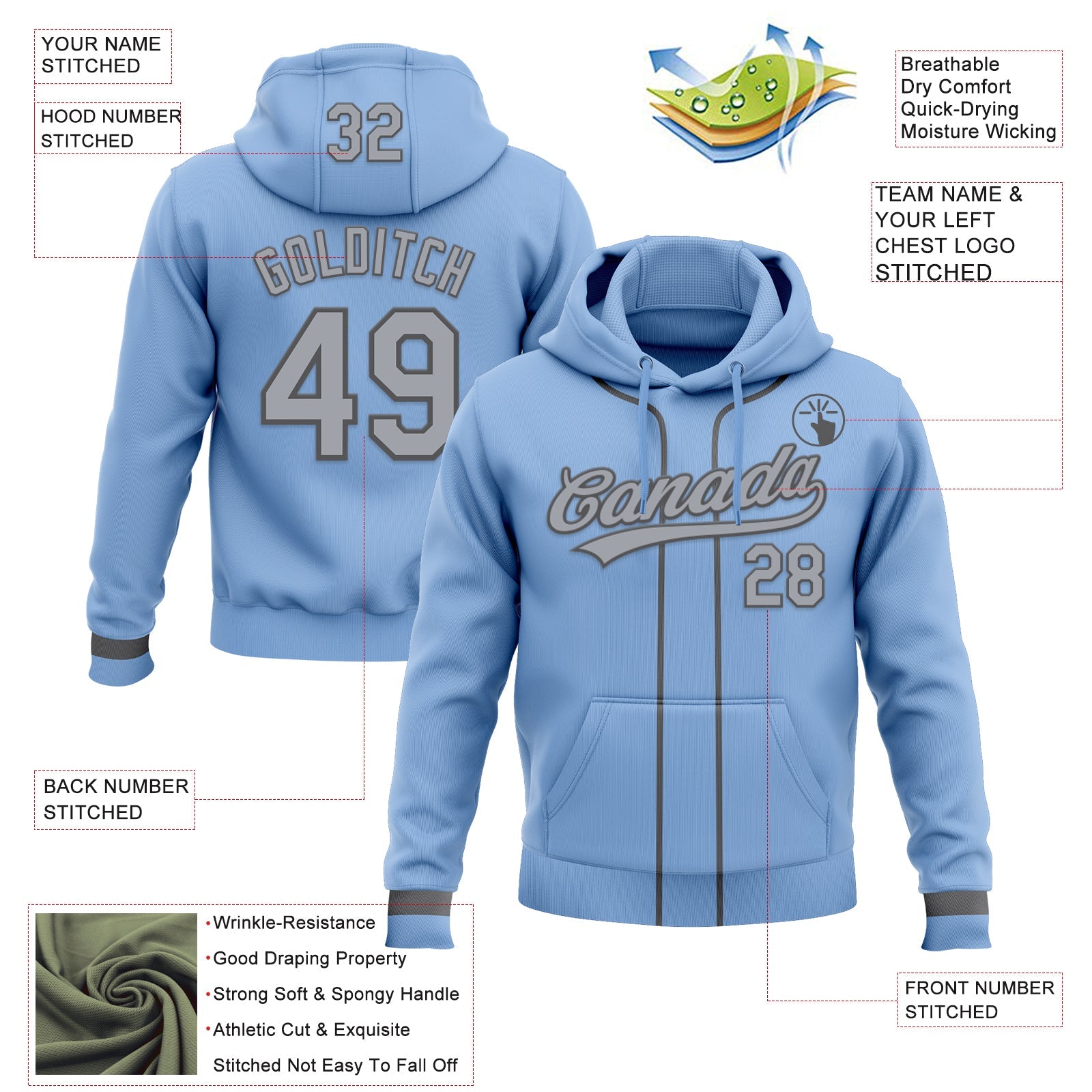 Custom Stitched Light Blue Gray-Steel Gray Baseball Pullover Sweatshirt Hoodie