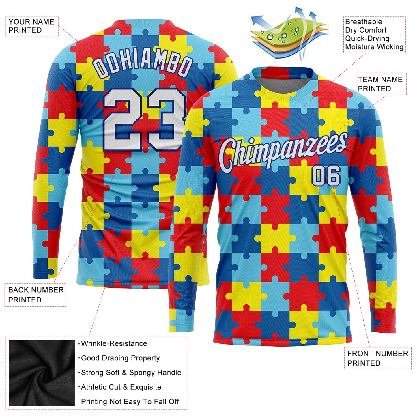 Custom Colorful White-Royal Autism Supporter Awareness Puzzle Pieces 3D Pattern Long Sleeve Performance T-Shirt