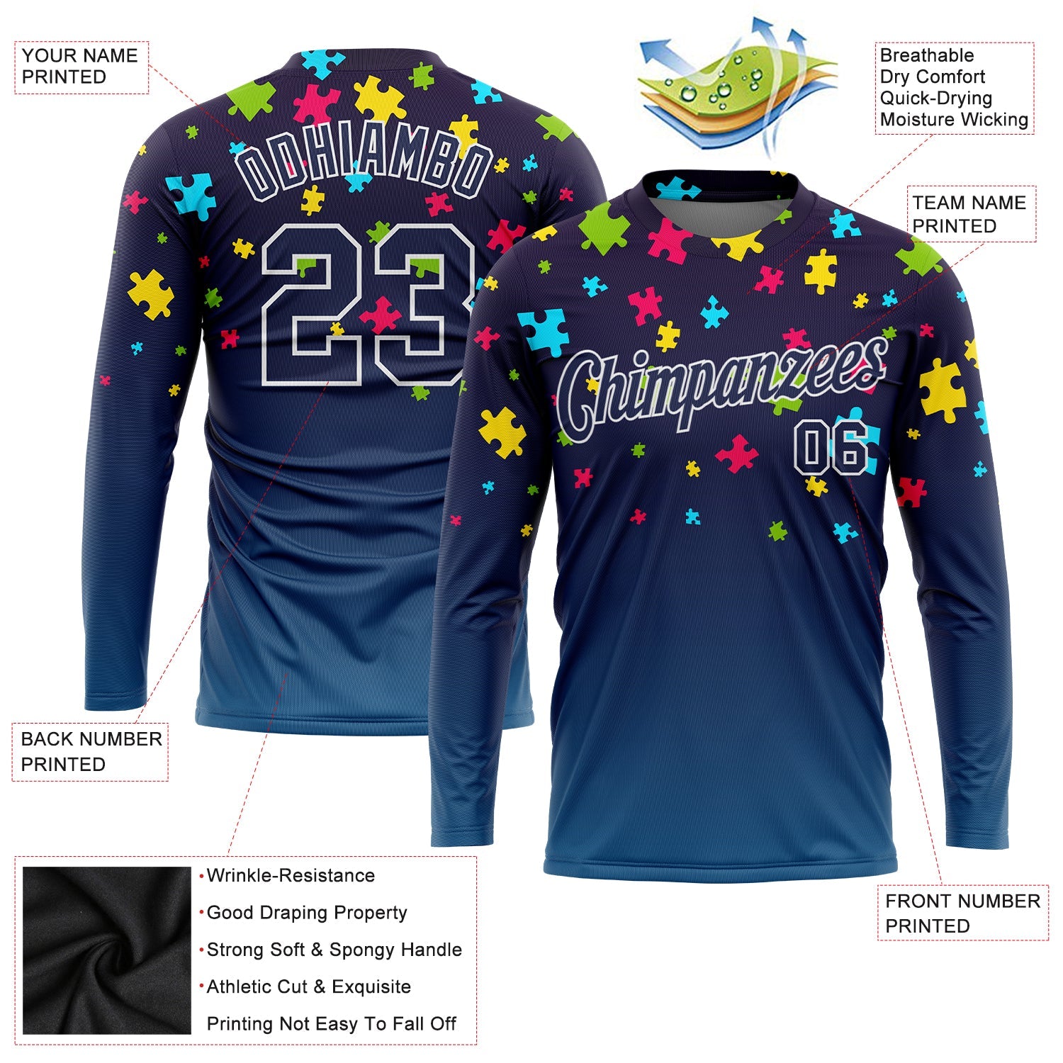 Custom Navy Navy-White Autism Supporter Awareness Puzzle Pieces 3D Pattern Long Sleeve Performance T-Shirt