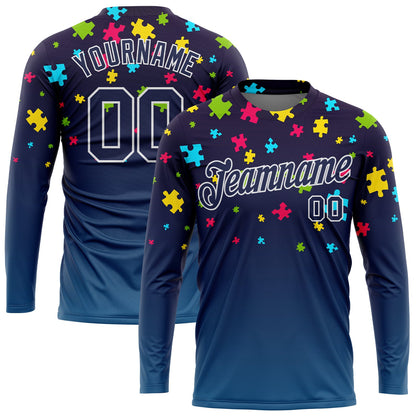 Custom Navy Navy-White Autism Supporter Awareness Puzzle Pieces 3D Pattern Long Sleeve Performance T-Shirt
