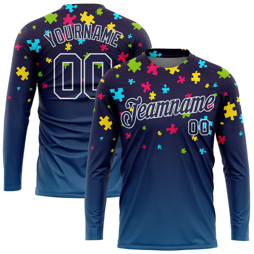 Custom Navy Navy-White Autism Supporter Awareness Puzzle Pieces 3D Pattern Long Sleeve Performance T-Shirt