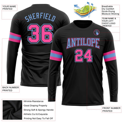 Custom Black Pink-Light Blue Long Sleeve Performance T-Shirt