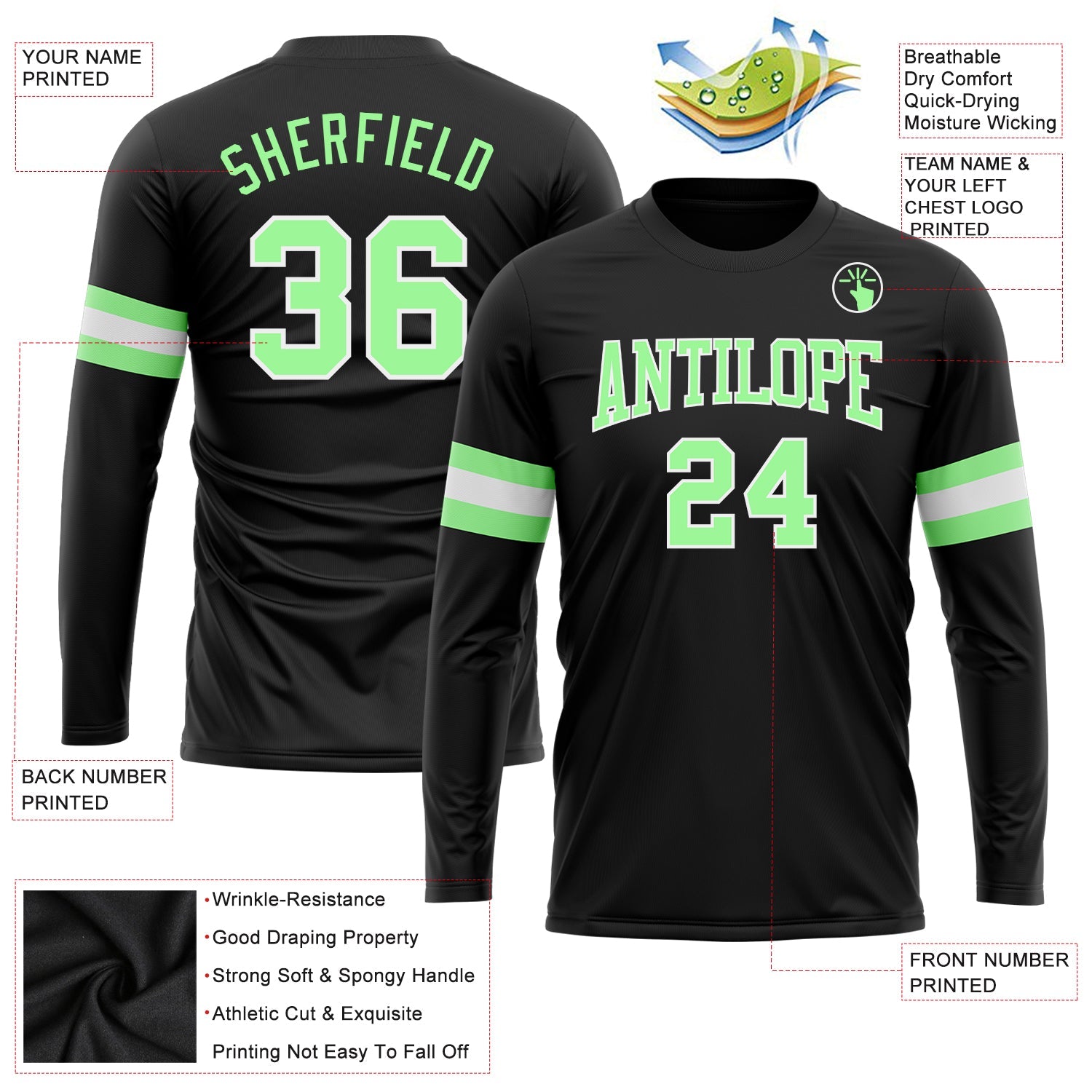 Custom Black Pea Green-White Long Sleeve Performance T-Shirt