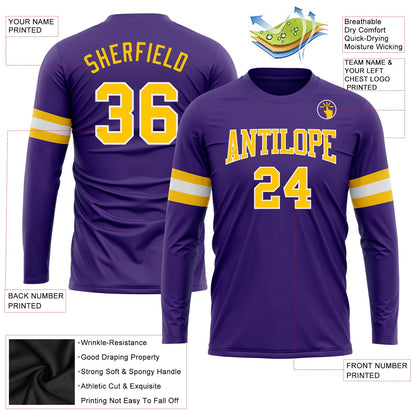 Custom Purple Gold-White Long Sleeve Performance T-Shirt