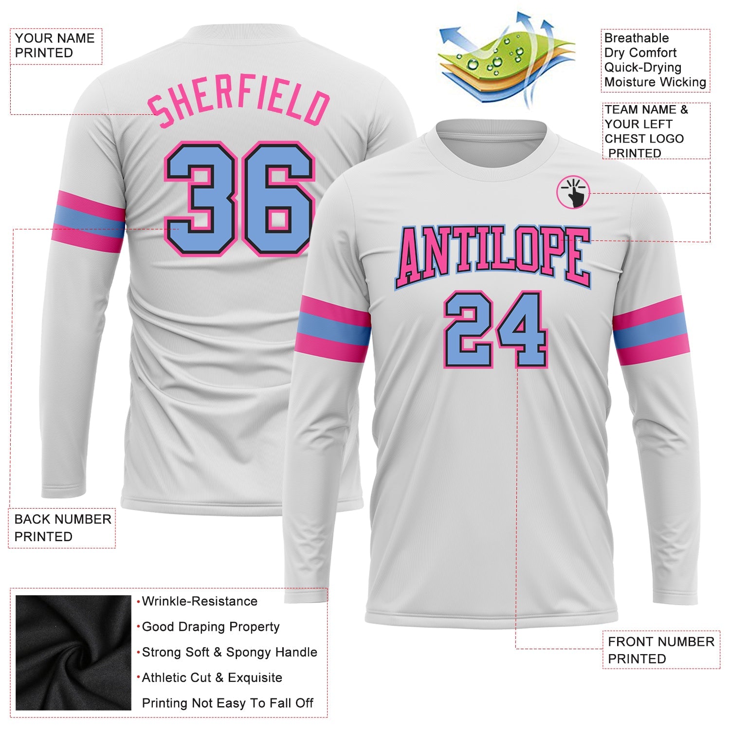Custom White Light Blue Black-Pink Long Sleeve Performance T-Shirt