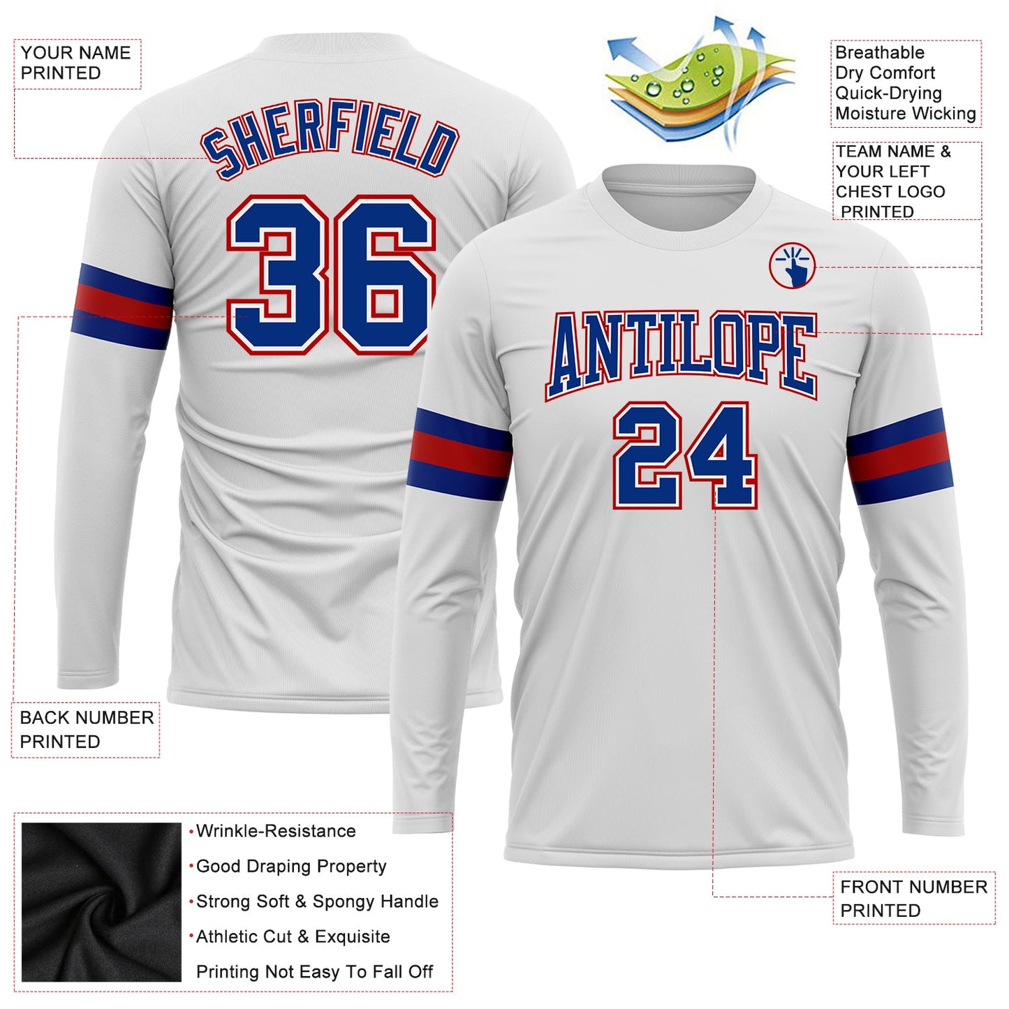 Custom White Royal-Red Long Sleeve Performance T-Shirt