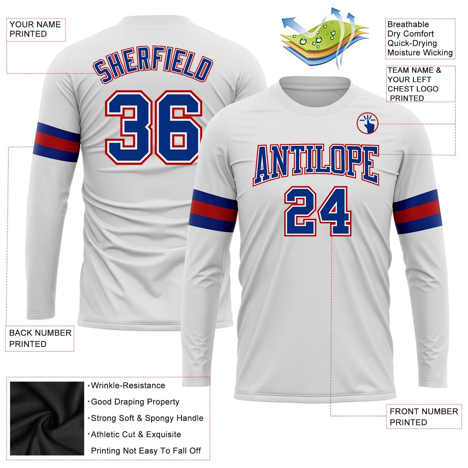 Custom White Royal-Red Long Sleeve Performance T-Shirt