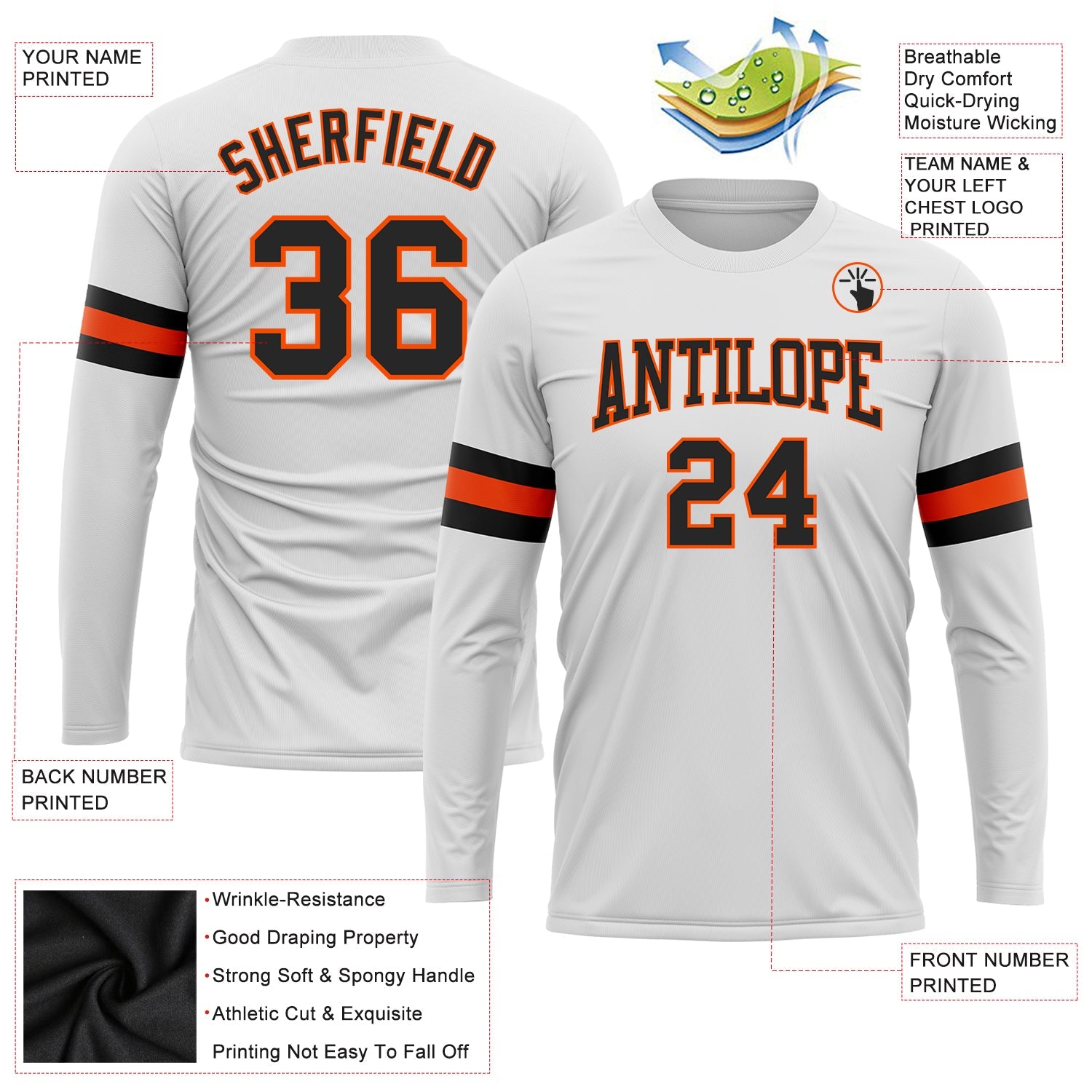 Custom White Black-Orange Long Sleeve Performance T-Shirt