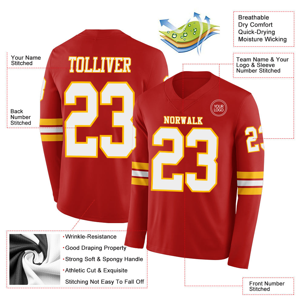 Custom Red White-Gold Long Sleeve Authentic Football Jersey