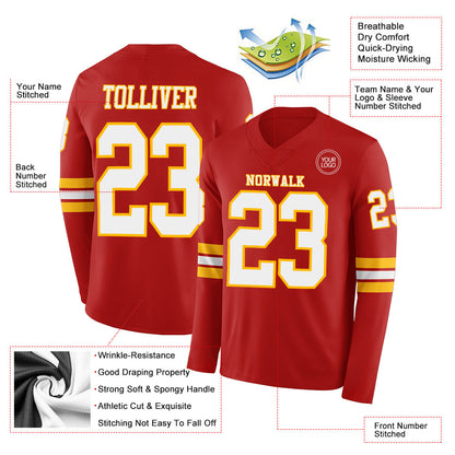 Custom Red White-Gold Long Sleeve Authentic Football Jersey