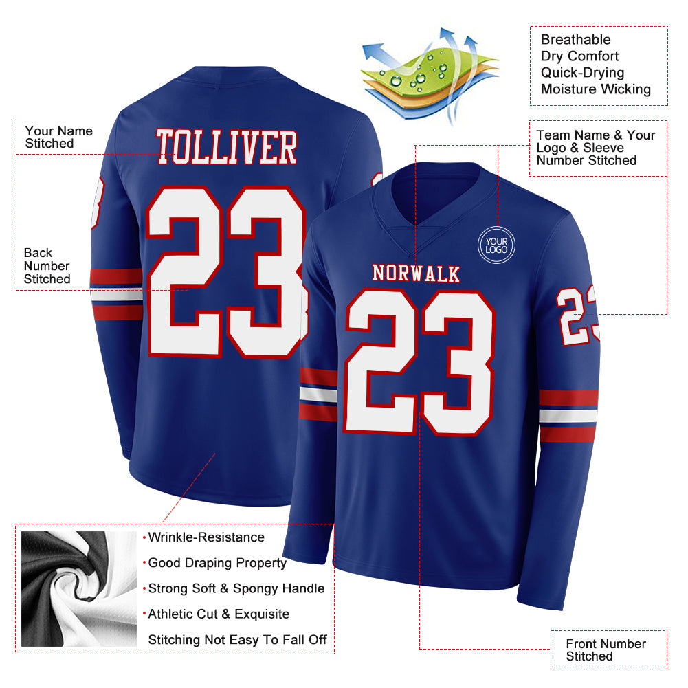 Custom Royal White-Red Long Sleeve Authentic Football Jersey