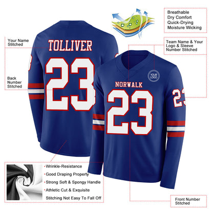 Custom Royal White-Red Long Sleeve Authentic Football Jersey