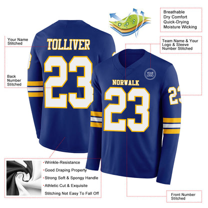 Custom Royal White-Gold Long Sleeve Authentic Football Jersey