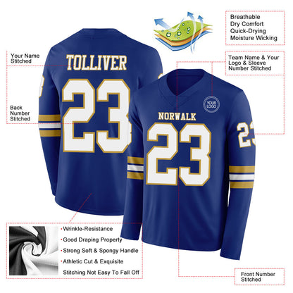 Custom Royal White-Old Gold Long Sleeve Authentic Football Jersey