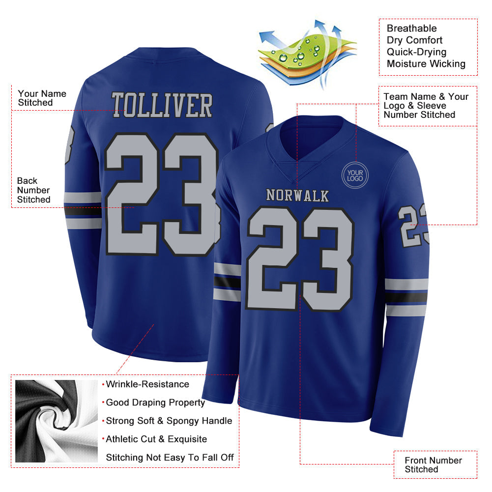 Custom Royal Gray-Black Long Sleeve Authentic Football Jersey