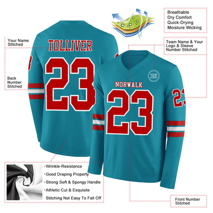 Custom Teal Red-White Long Sleeve Authentic Football Jersey