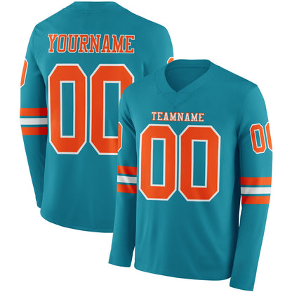 Custom Teal Orange-White Long Sleeve Authentic Football Jersey