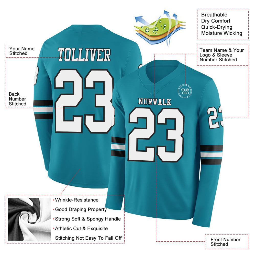 Custom Teal White-Black Long Sleeve Authentic Football Jersey