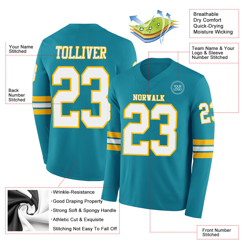 Custom Teal White-Gold Long Sleeve Authentic Football Jersey