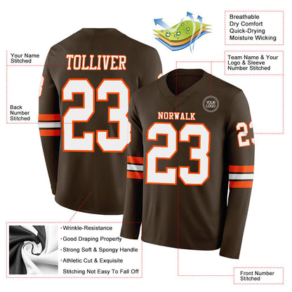 Custom Brown White-Orange Long Sleeve Authentic Football Jersey