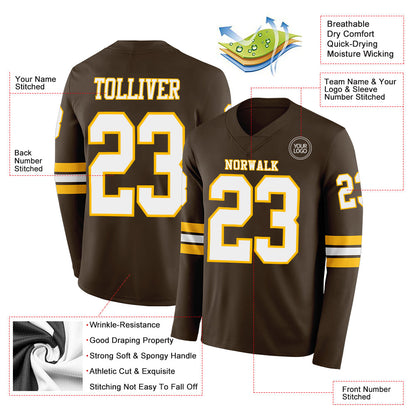Custom Brown White-Gold Long Sleeve Authentic Football Jersey