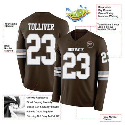 Custom Brown White-Gray Long Sleeve Authentic Football Jersey