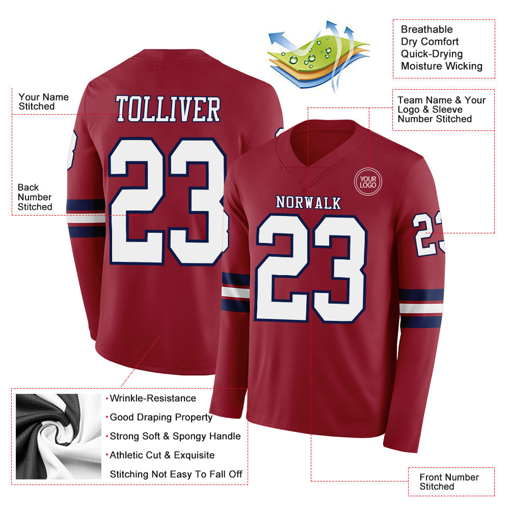 Custom Cardinal White-Navy Long Sleeve Authentic Football Jersey