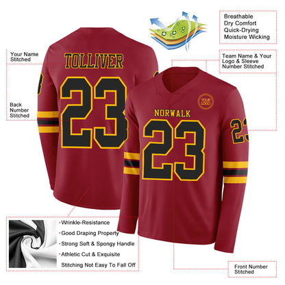 Custom Cardinal Black-Gold Long Sleeve Authentic Football Jersey