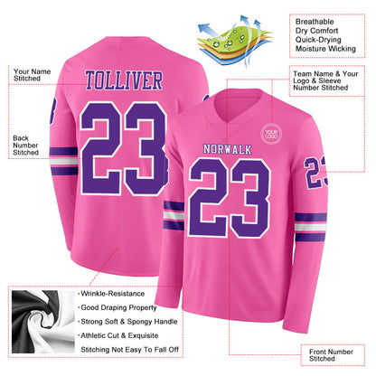 Custom Pink Purple-White Long Sleeve Authentic Football Jersey