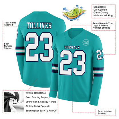 Custom Aqua White-Navy Long Sleeve Authentic Football Jersey