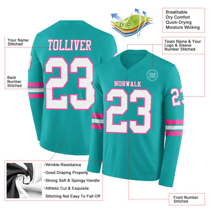 Custom Aqua White-Pink Long Sleeve Authentic Football Jersey