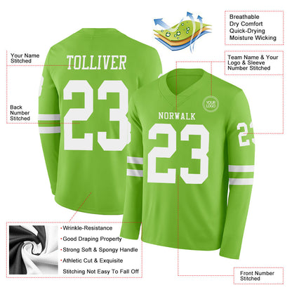 Custom Neon Green White Long Sleeve Authentic Football Jersey