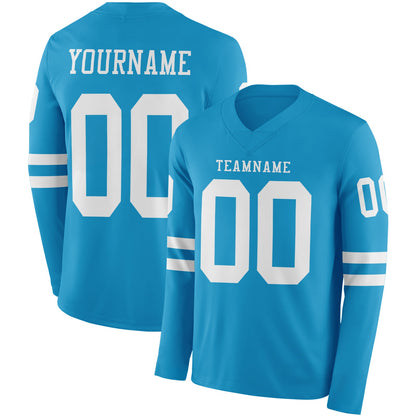 Custom Panther Blue White Long Sleeve Authentic Football Jersey