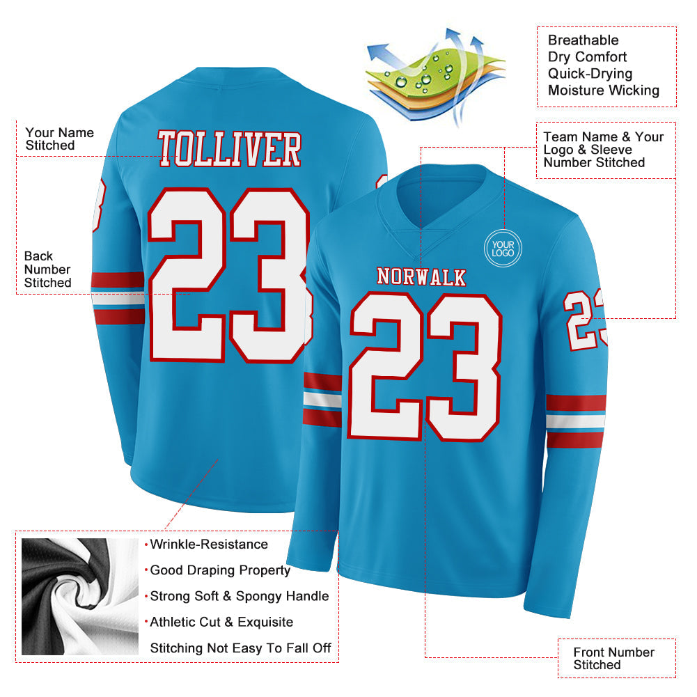 Custom Panther Blue White-Red Long Sleeve Authentic Football Jersey