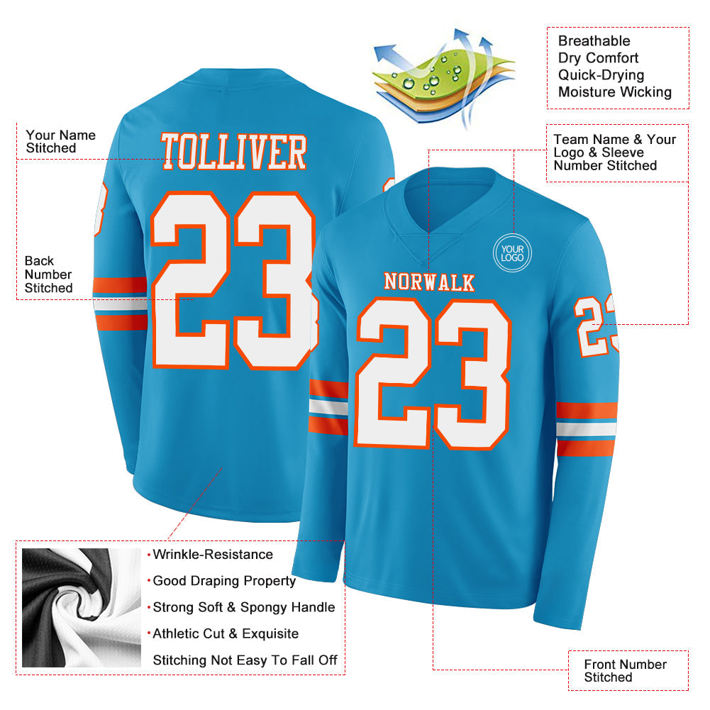 Custom Panther Blue White-Orange Long Sleeve Authentic Football Jersey