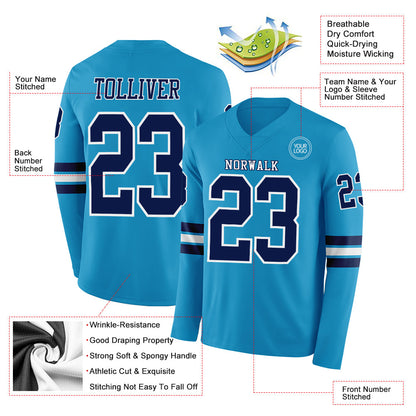 Custom Panther Blue Navy-White Long Sleeve Authentic Football Jersey