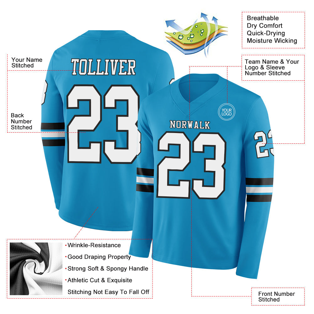 Custom Panther Blue White-Black Long Sleeve Authentic Football Jersey