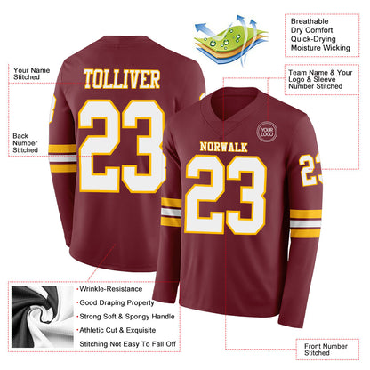Custom Burgundy White-Gold Long Sleeve Authentic Football Jersey