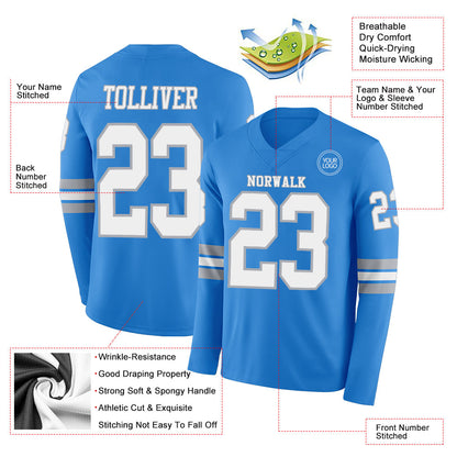 Custom Powder Blue White-Gray Long Sleeve Authentic Football Jersey