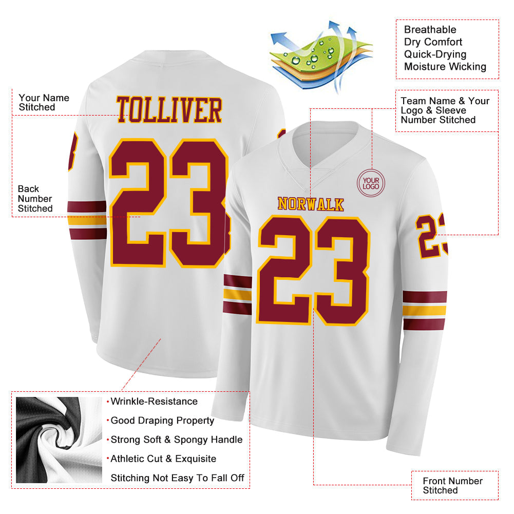 Custom White Crimson-Gold Long Sleeve Authentic Football Jersey