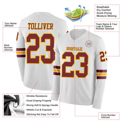 Custom White Burgundy-Gold Long Sleeve Authentic Football Jersey