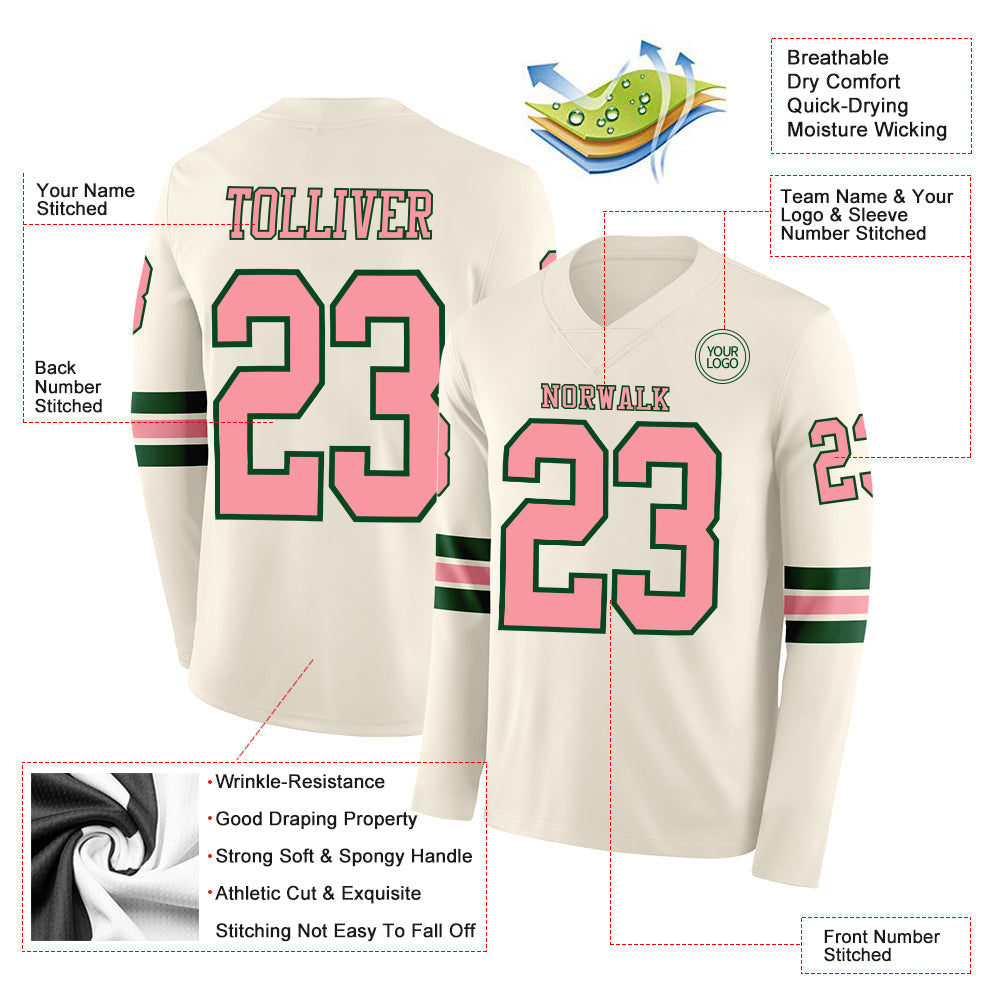 Custom Cream Medium Pink-Green Long Sleeve Authentic Football Jersey