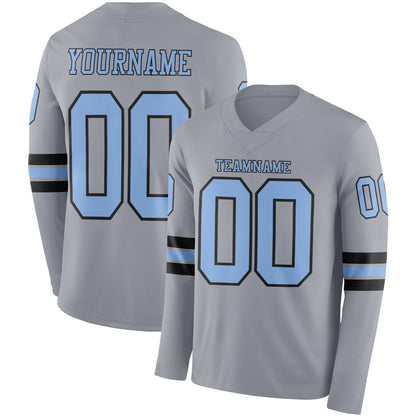 Custom Gray Light Blue-Black Long Sleeve Authentic Football Jersey