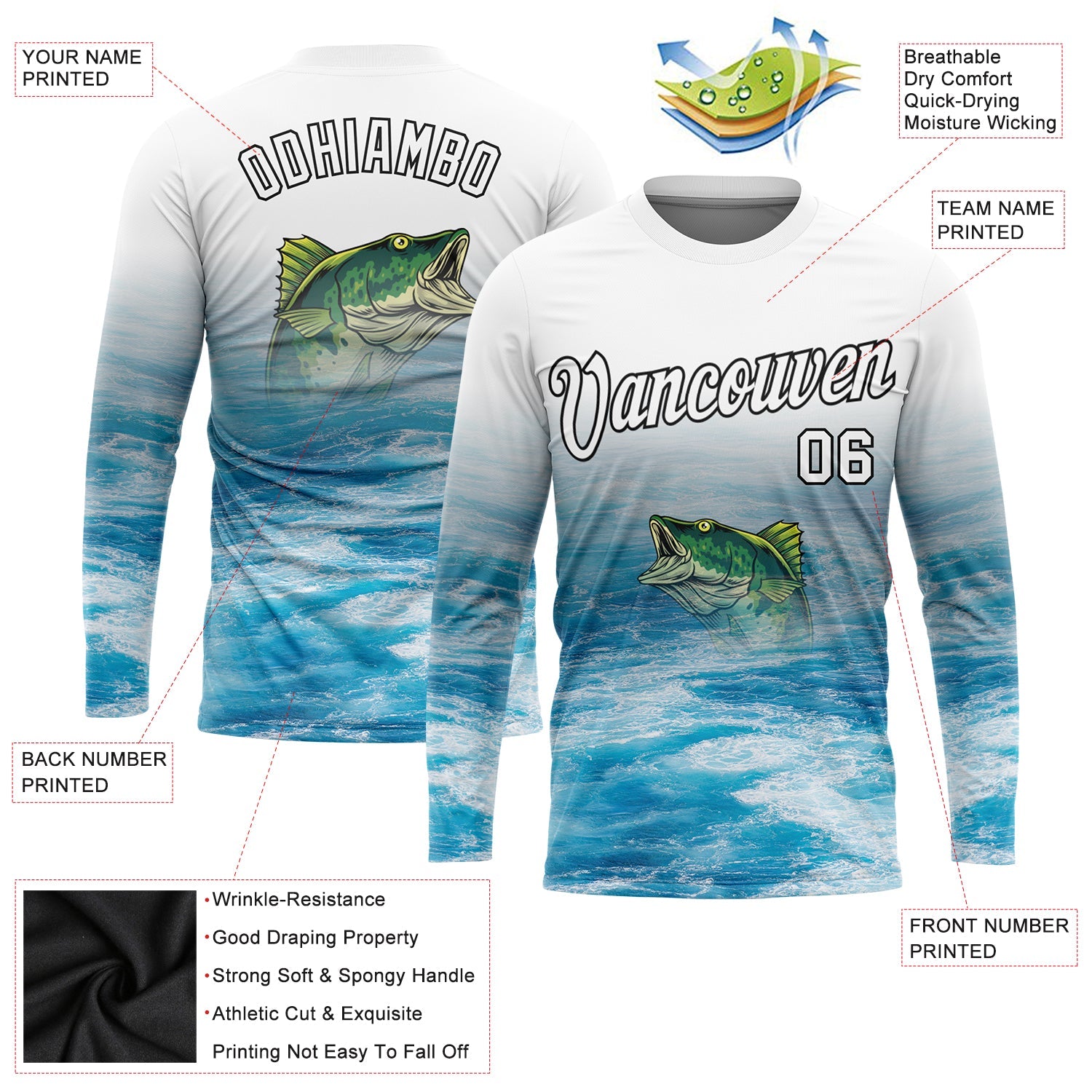 Custom White Blue-Black Fishing Bass Fish Long Sleeve Performance T-Shirt