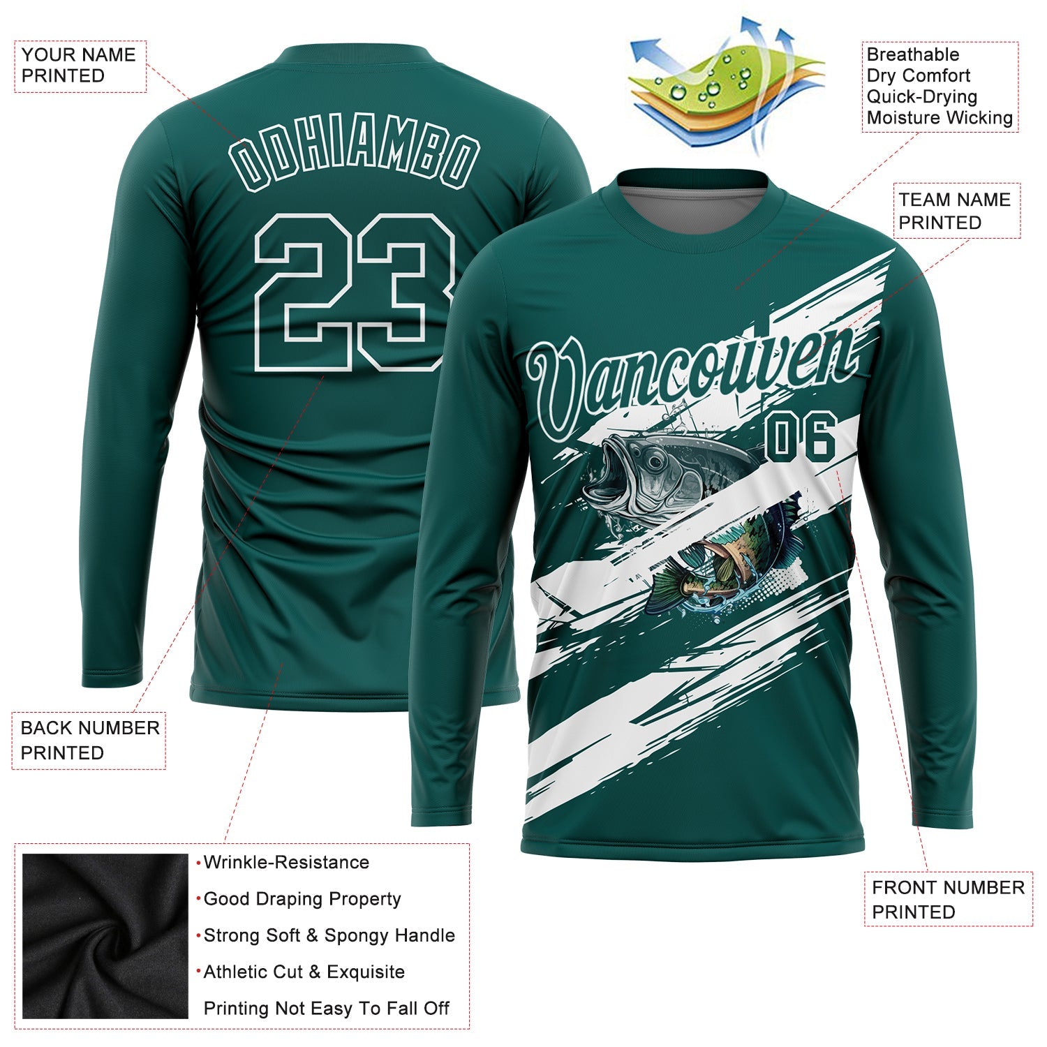 Custom Midnight Green-White Fishing Bass Fish Long Sleeve Performance T-Shirt