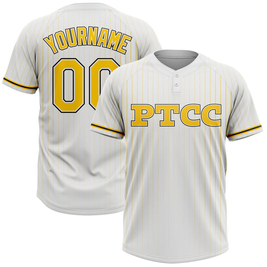 Custom White Pinstripe Yellow-Black PTCC Two-Button Unisex Softball Jersey