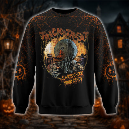 Halloween Trick or Treat Horror Graphic Shirt — Always Check Your Candy T-Shirt — Sweatshirt — Hoodi - Custom Fan Apparel Image 3