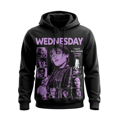 Wednesday Purple Graphic Hoodie, Gothic Girl Sweatshirt, Dark Academy T-Shirt, Spooky Quote Zip Hoodie, Black Horror Apparel